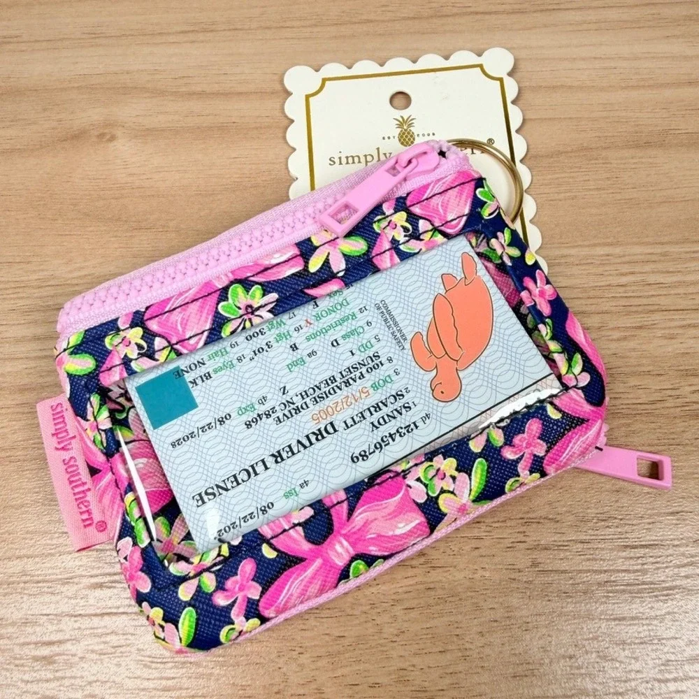 Simply Southern ID Card Holder Keychain Wallet Pink Navy Floral Bow Pouch NWT